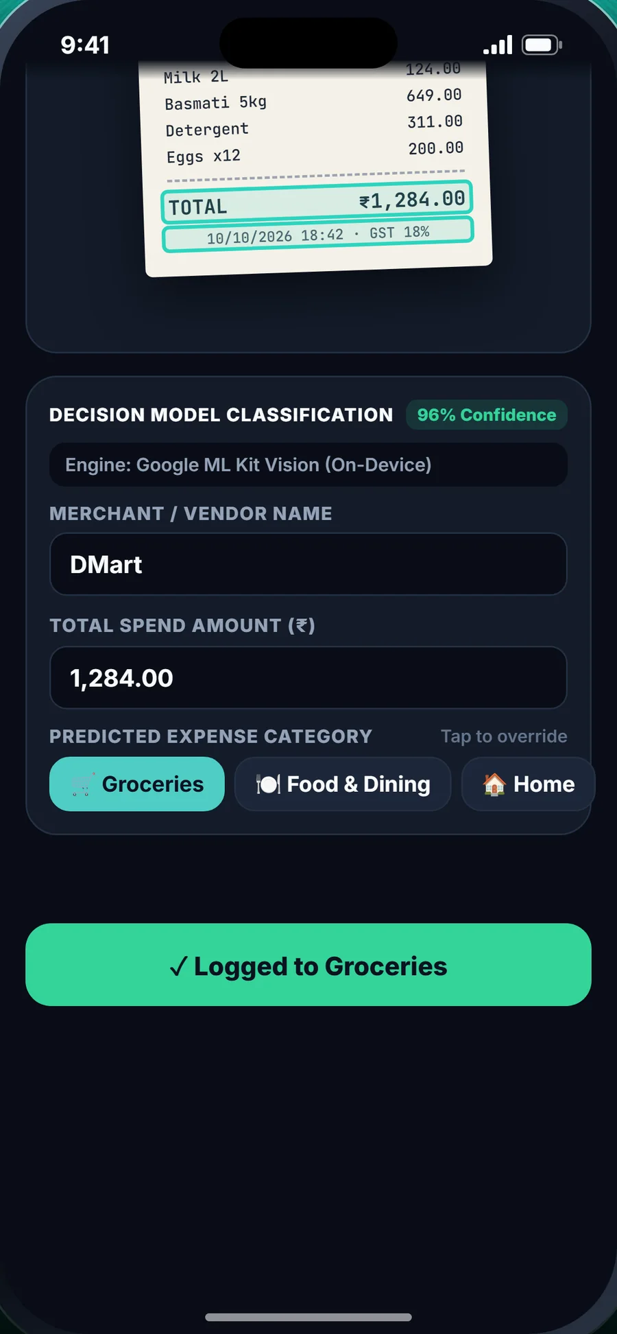 A receipt scanned into merchant, amount and category