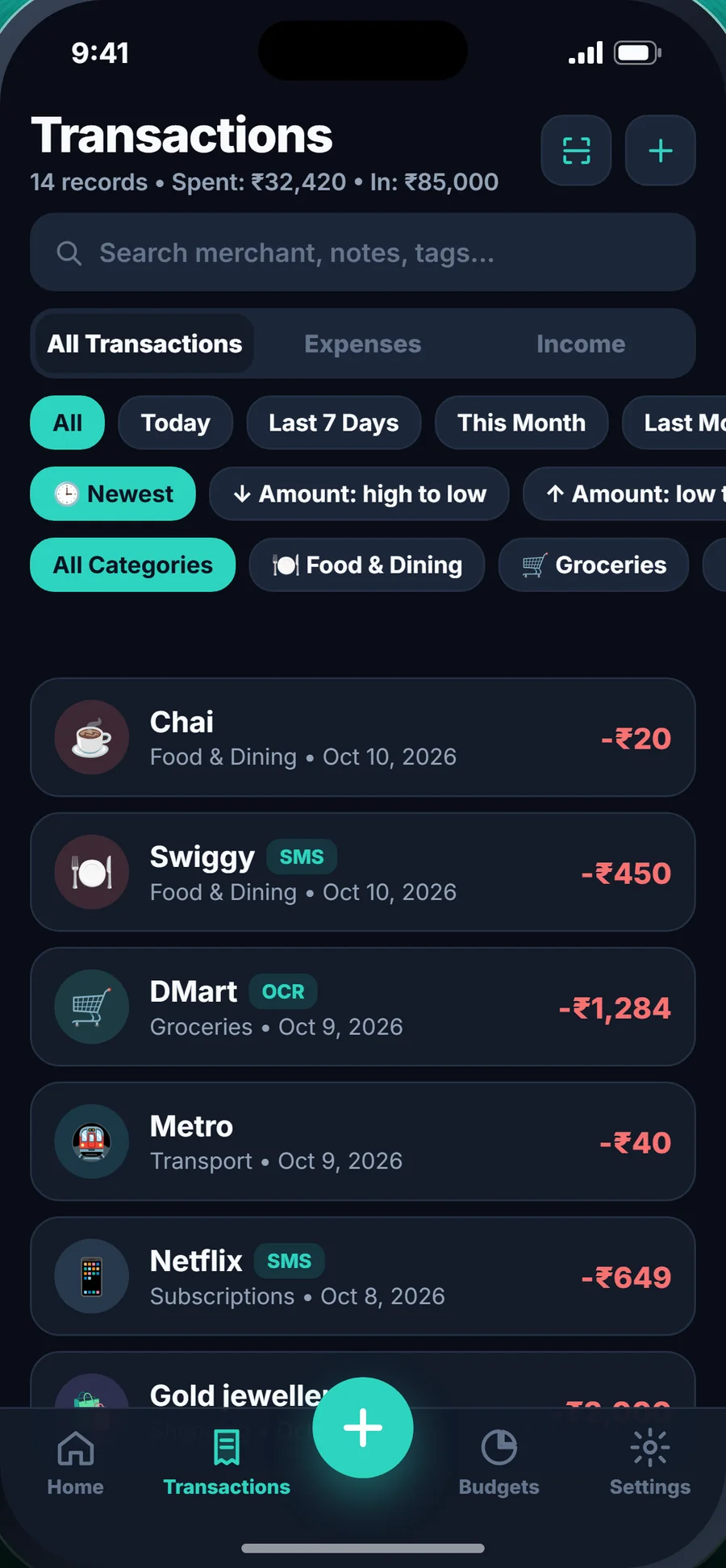 Transactions read from bank SMS